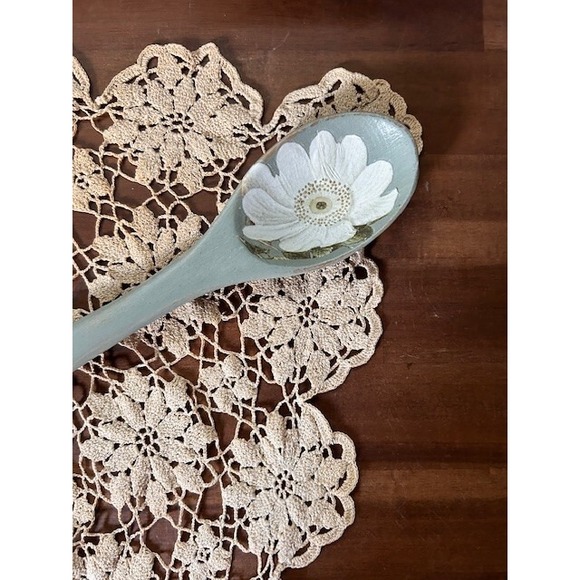 Hand Painted in Duck Egg Blue with Transferware Florals Decorative Wood Spoon - Picture 5 of 6